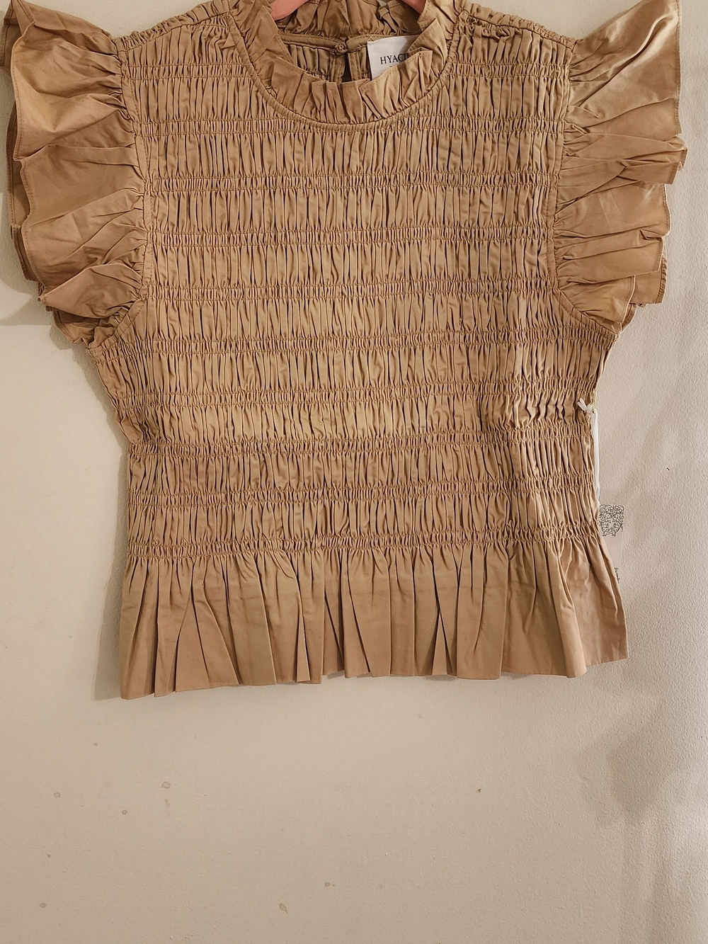 Hyacinth House NWT Tan Smocked Ruffle Flutter Sleeve Peplum Blouse Size XL